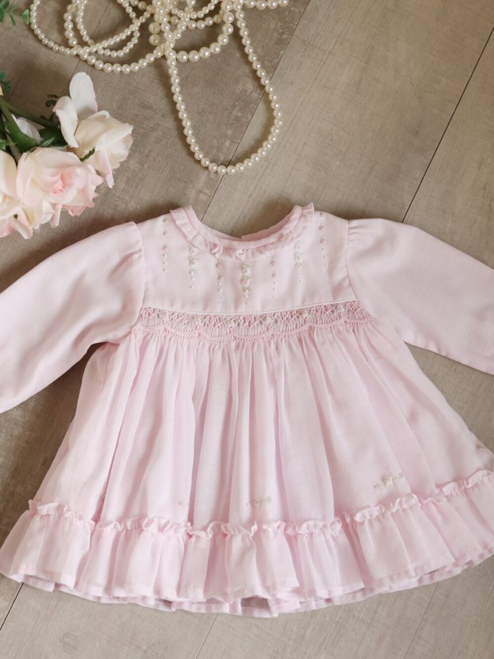 Pink Smocked Heirloom Float Dress Long Sleeve Bullion Rosebud Sarah Louise NB